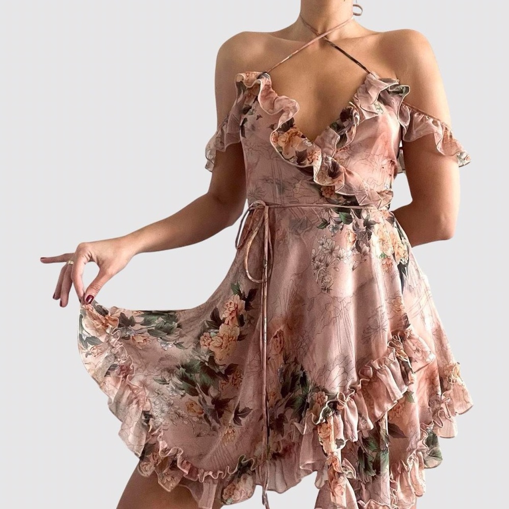 Current Mood Floral Asymmetrical Dress in Pink and Green